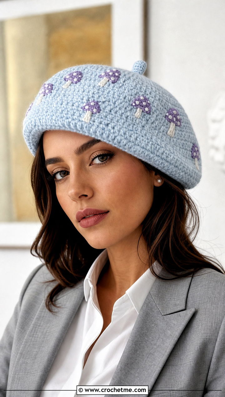 Mushroom Crochet Beret Cap With Tailored Trousers - 20 Mushroom Crochet Cap outfit ideas