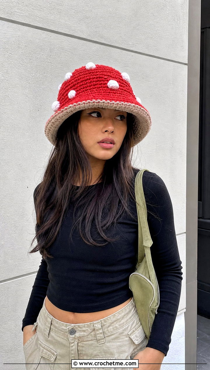 Mushroom Crochet Bucket Hat With Cargo Pants - 30 funny crochet hat outfit ideas