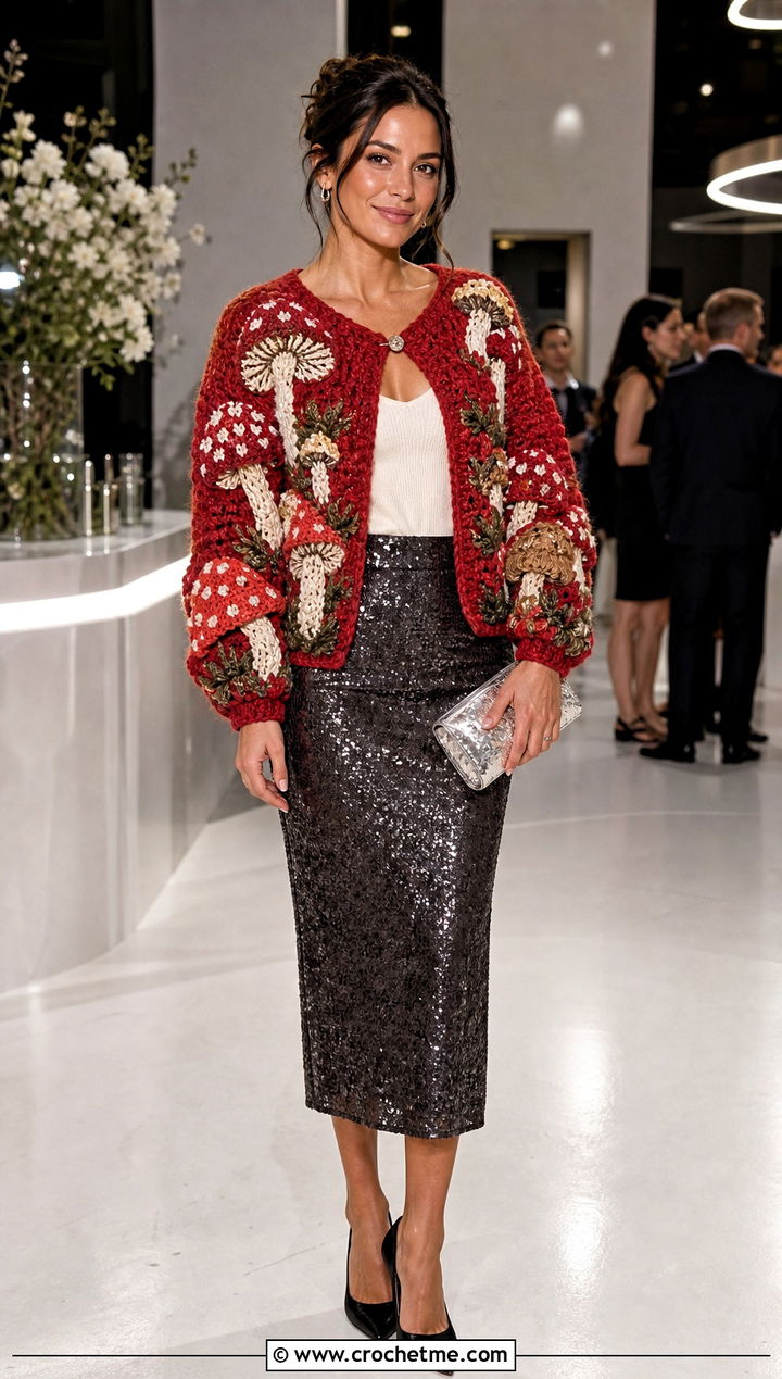 Mushroom Crochet Cardigan Sweater With Sequin Skirt - 25 mushroom crochet sweater outfit ideas