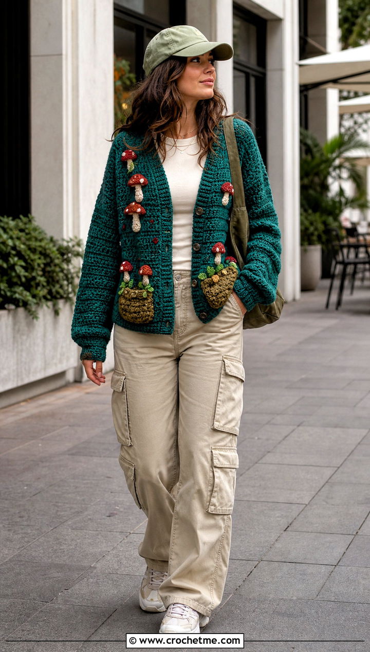 Mushroom Crochet Cardigan With Cargo Pants - 20 Funny Crochet Clothes and outfit ideas