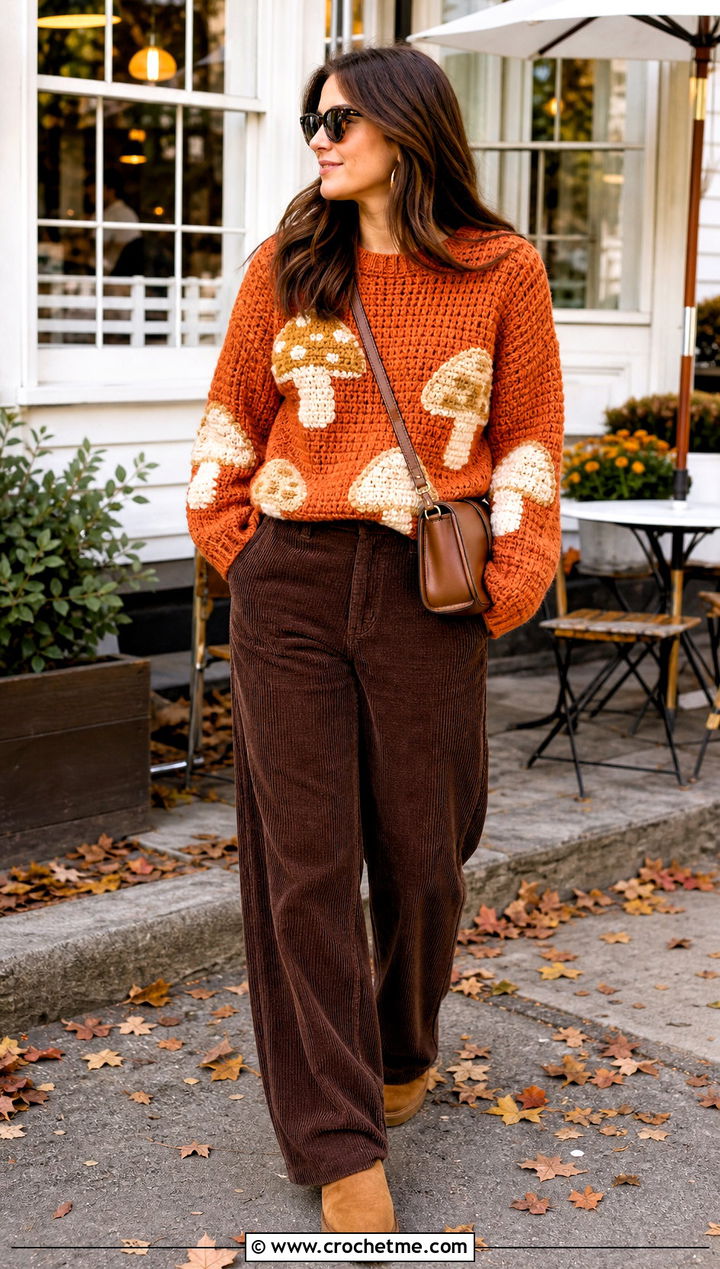 Mushroom Crochet Graphic Sweater With Corduroy Pants - 30 crochet graphic sweater outfit ideas
