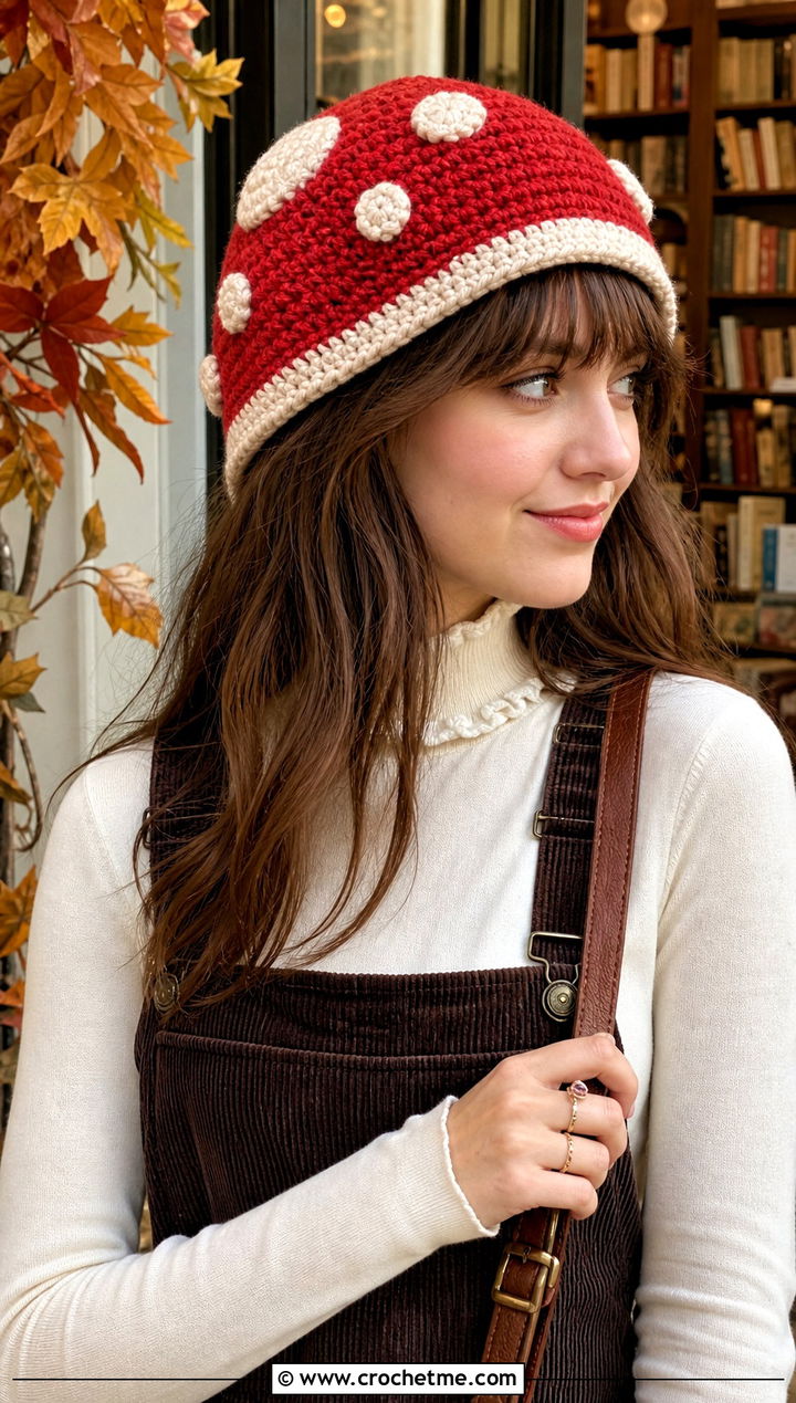 Mushroom Crochet Hat With Corduroy Dress - 25 Weird Crochet Hat outfit ideas
