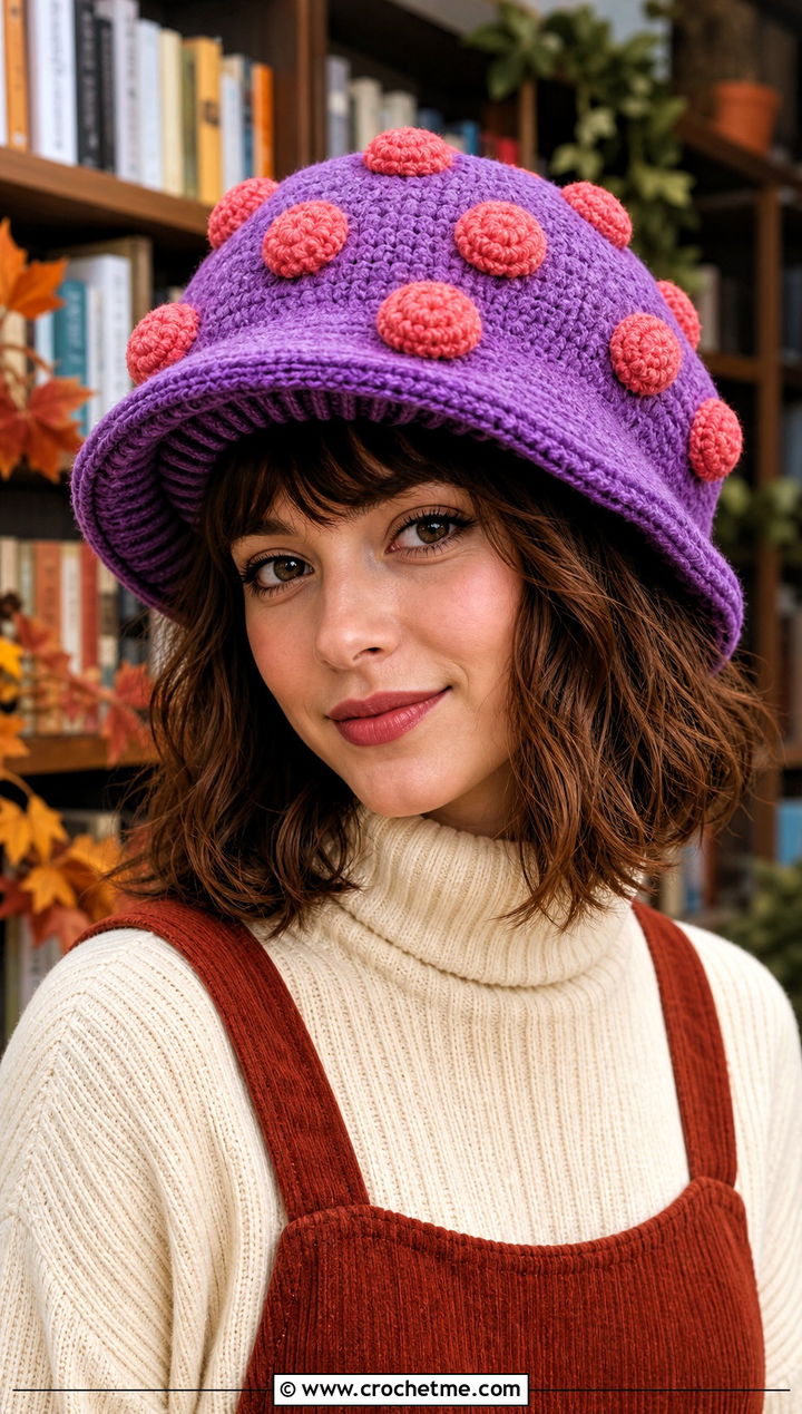 Mushroom Crochet Hat With Corduroy Dress - 30 crochet funny hats outfit ideas