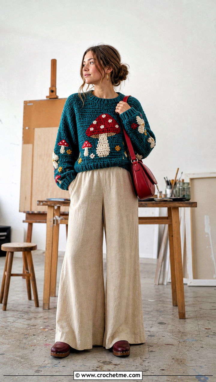 Mushroom Crochet Mabel Pines Sweater With Linen Pants - 30 crochet mabel pines sweater outfit ideas