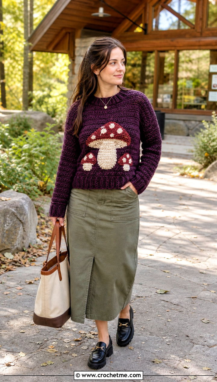 Mushroom Crochet Mabel Pines Sweater With Utility Skirt - 15 Crochet Mable Pines Sweater outfit ideas