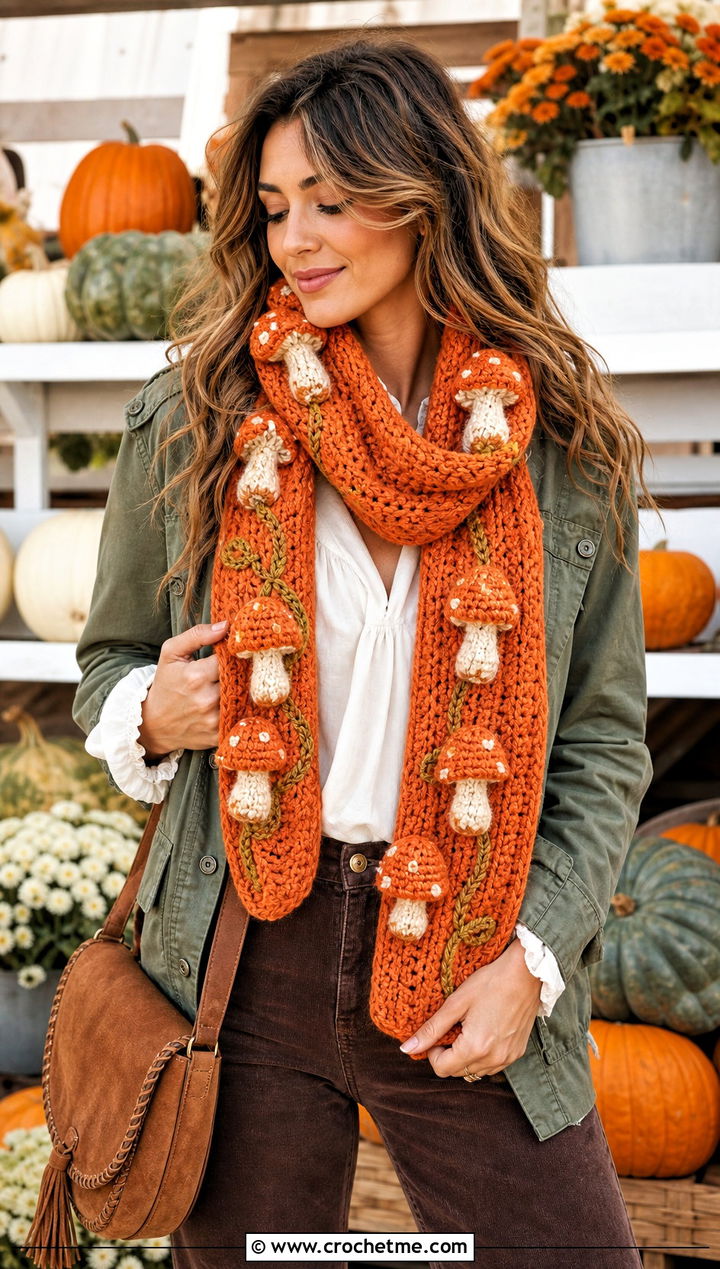 Mushroom Crochet Scarf With Boho Outfit - 15 Funny Crochet Scarves outfit ideas