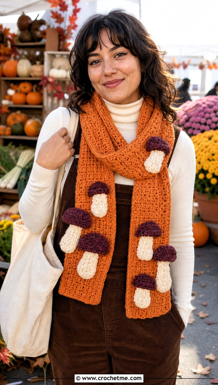 Mushroom Crochet Scarf With Corduroy Overalls - 15 Funny Crochet Scarf outfit ideas