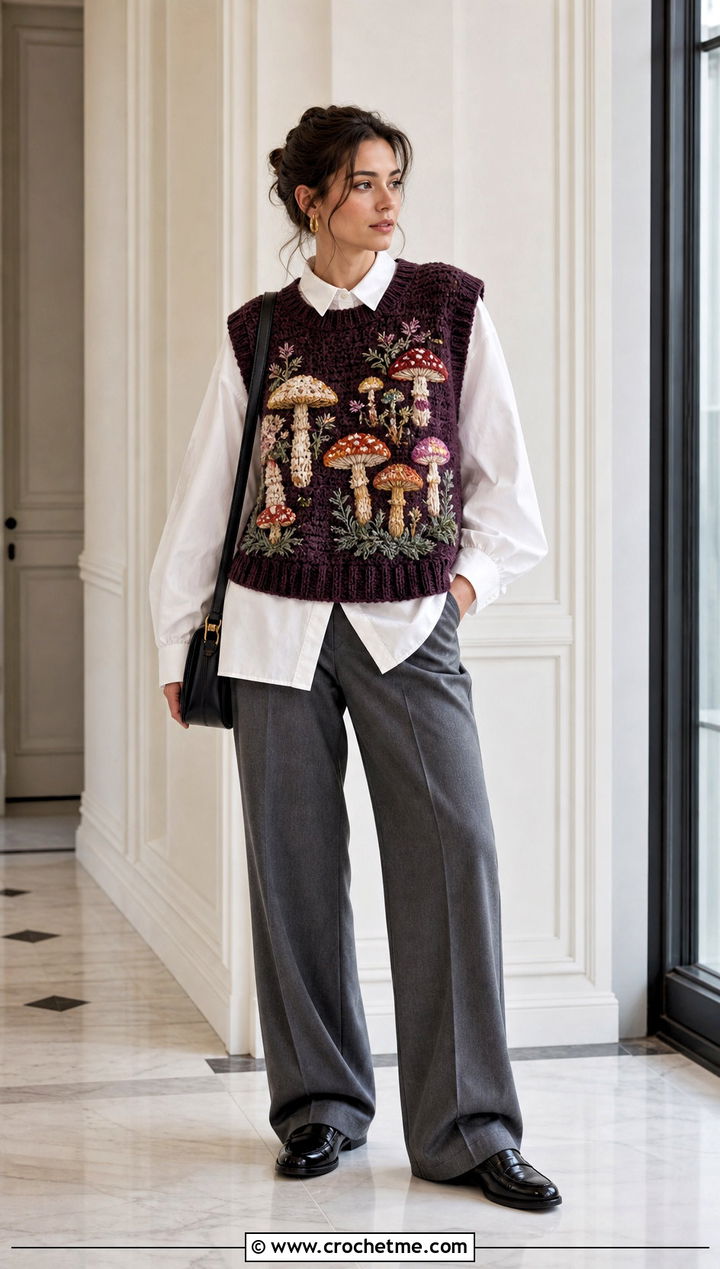 Mushroom Crochet Sweater Vest With Button Down Shirt - 25 mushroom crochet sweater outfit ideas