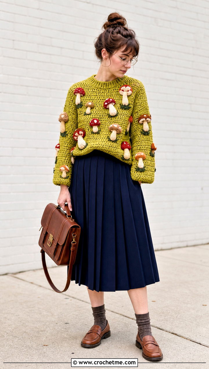 Mushroom Crochet Sweater With Pleated Skirt - 25 weird crochet clothes and outfit ideas