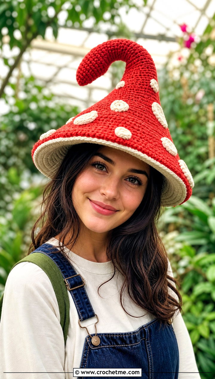 Mushroom Crochet Twisted Witch Hat With Overalls - 25 crochet twisted witch hat outfit ideas