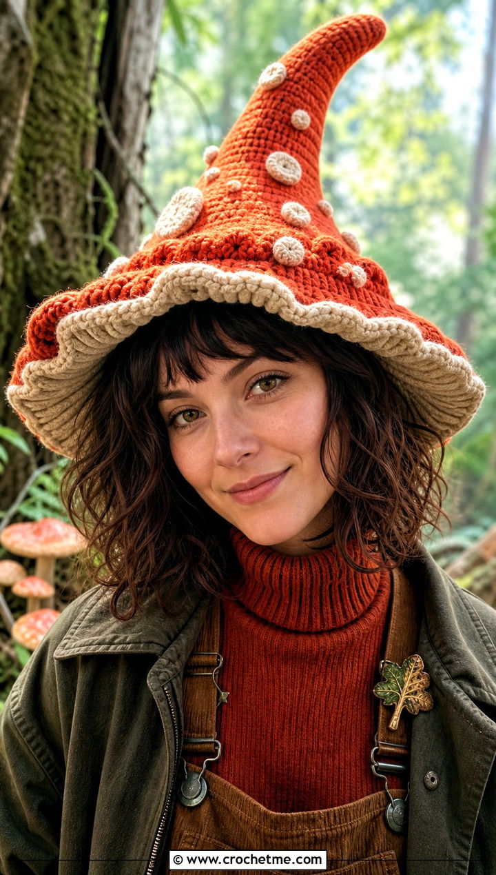 Mushroom Crochet Witch Hat With Corduroy Overalls - 30 crochet witch costume outfit ideas
