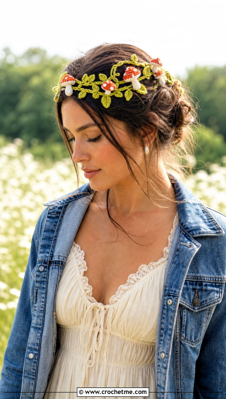 Mushroom Garland Crochet Headband With Prairie Dress - 25 Crochet Mushroom Headband outfit ideas