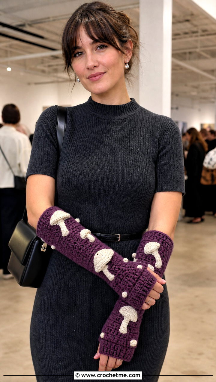 Mushroom Gauntlet Gloves With Sweater Dress - 20 Crochet Mushroom Gloves outfit ideas