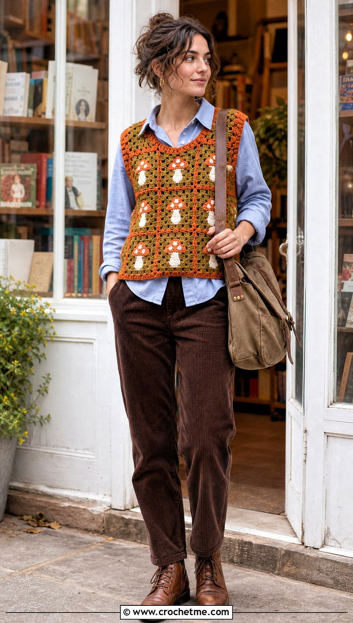 Mushroom Granny Square Crochet Vest With Corduroy Pants - 35 fantasy crochet clothes and outfit ideas