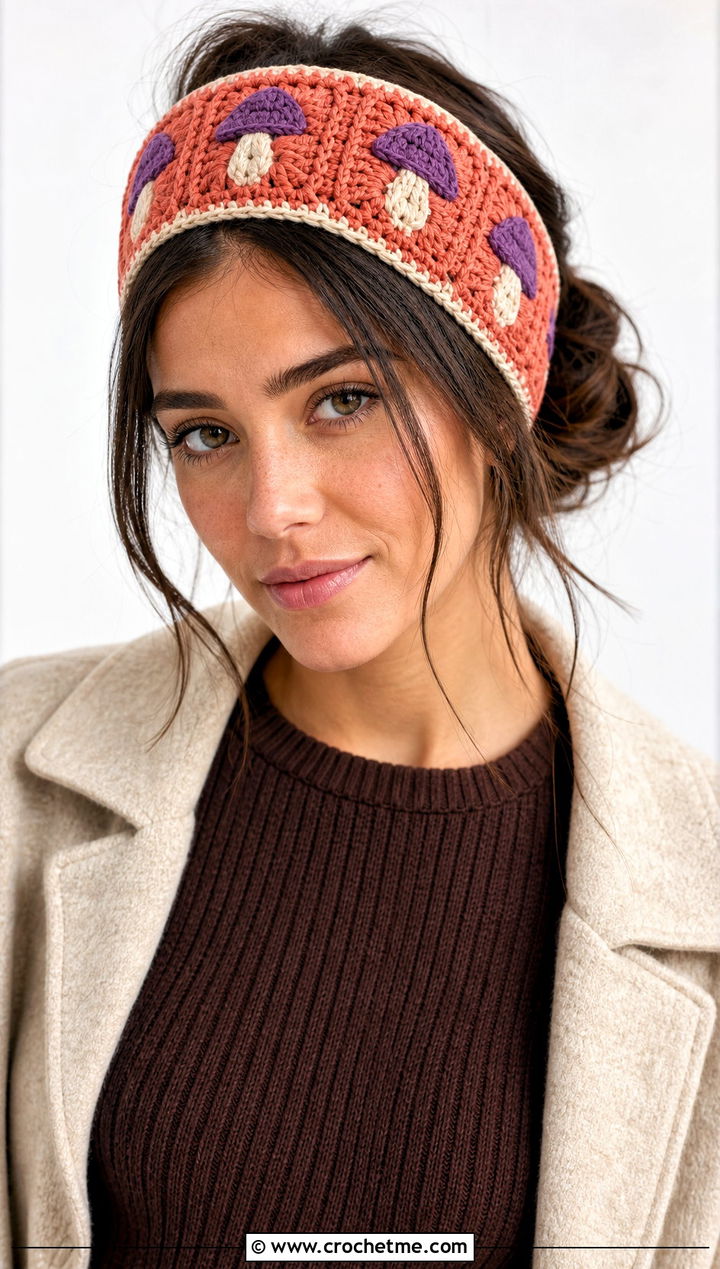 Mushroom Granny Square Headband With Knit Dress - 15 Crochet Mushroom Head Scarf outfit ideas