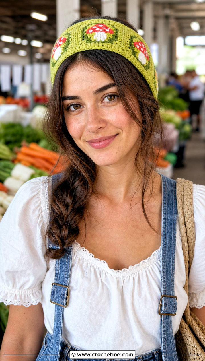 Mushroom Granny Square Headband With Overalls - 25 Crochet Mushroom Headband outfit ideas