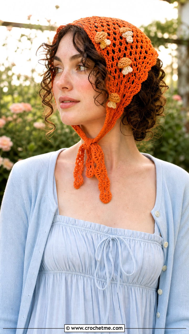 Mushroom Lace Kerchief Headband With Midi Dress - 25 Crochet Mushroom Headband outfit ideas