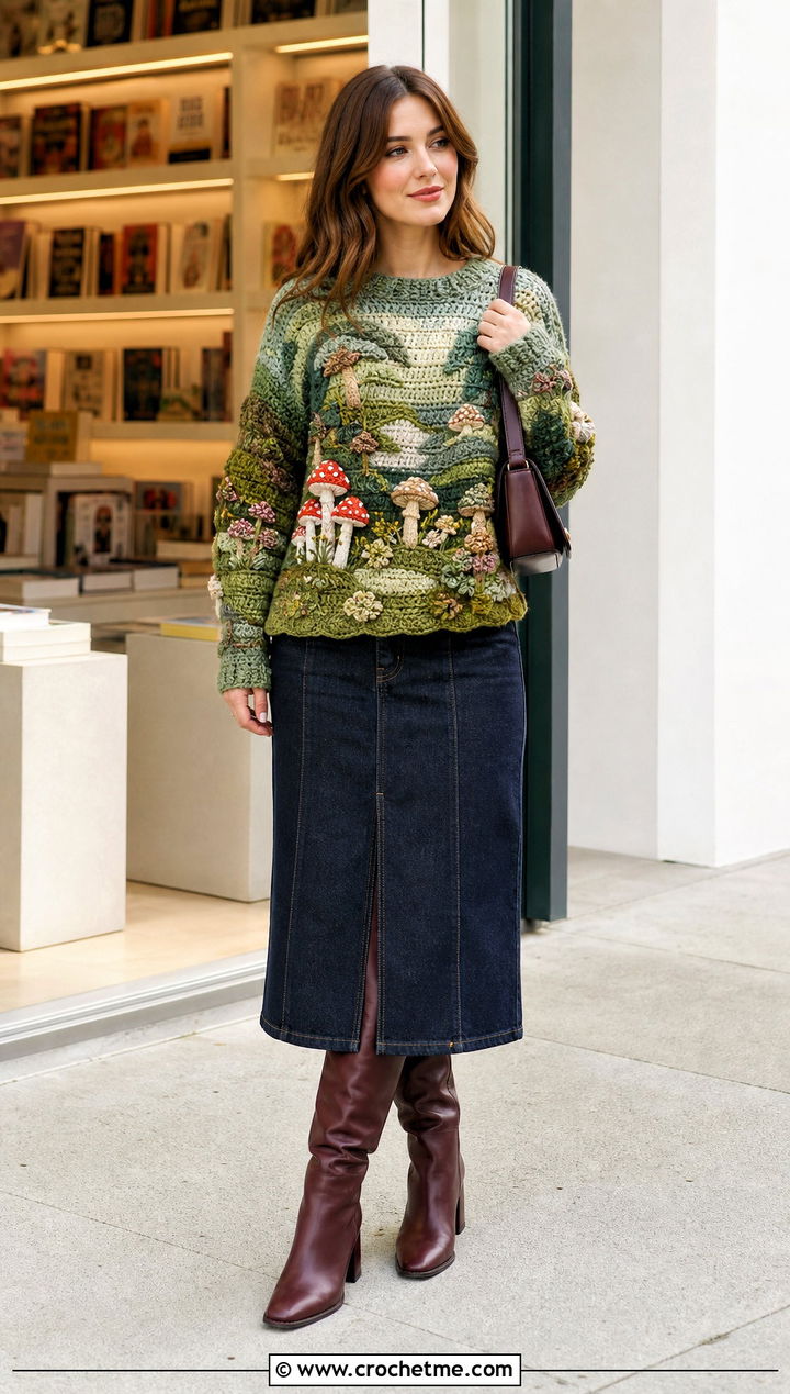 Mushroom Landscape Crochet Sweater With Denim Midi Skirt - 25 mushroom crochet sweater outfit ideas
