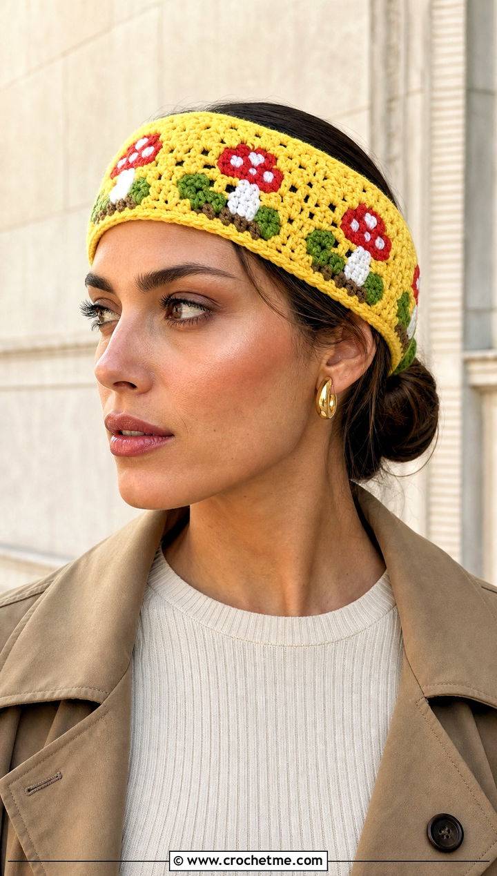 Mushroom Mosaic Crochet Headband With Trench Coat - 25 Crochet Mushroom Headband outfit ideas