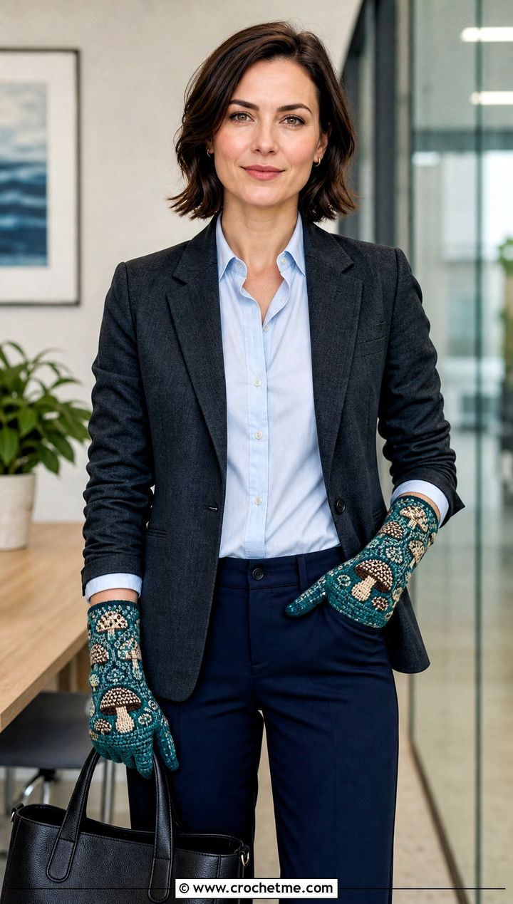 Mushroom Mosaic Gloves With Tailored Blazer - 20 Crochet Mushroom Gloves outfit ideas