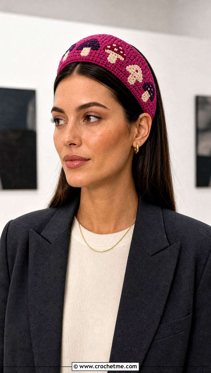 Mushroom Mosaic Wide Headband With Tailored Blazer - 25 mushroom crochet headband outfit ideas