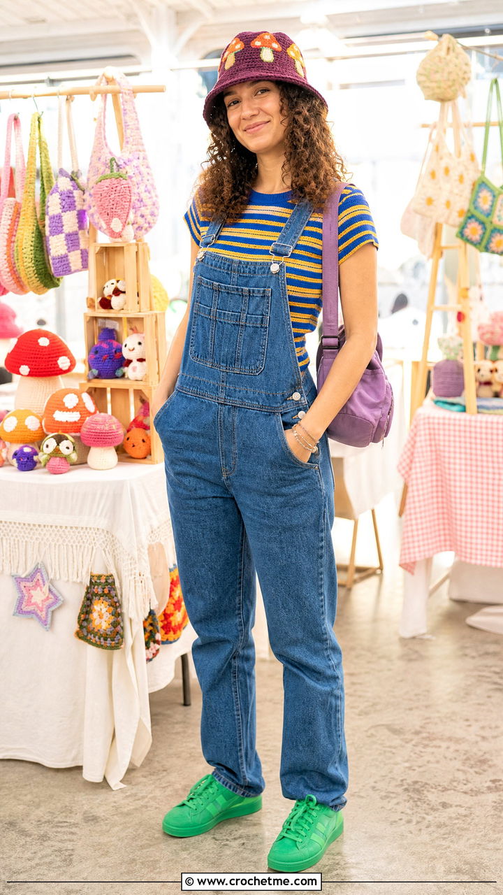 Mushroom Motif Crochet Bucket Hat With Overalls - 35 crochet bucket hat outfit ideas