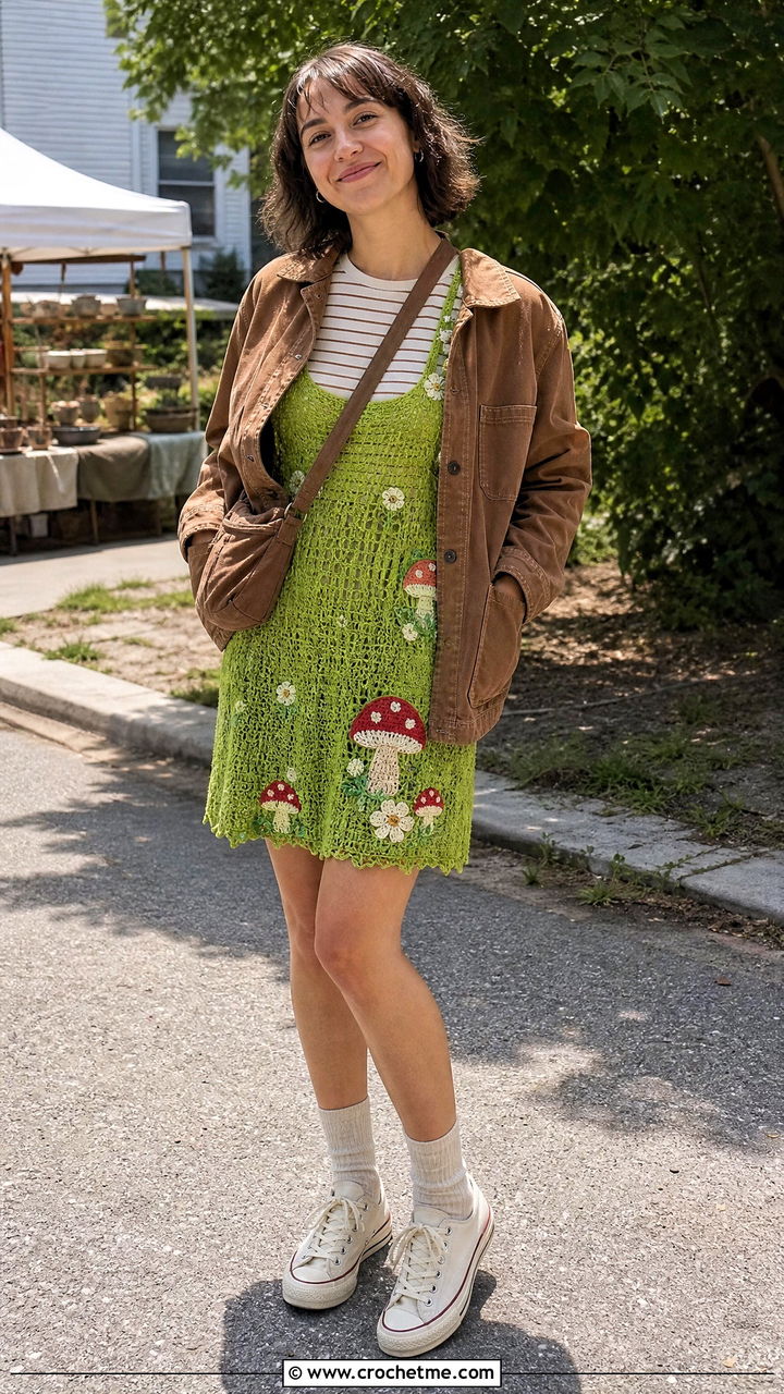 Mushroom Motif Crochet Fairy Dress With Striped T Shirt - 35 Crochet Fairy Dress outfit ideas