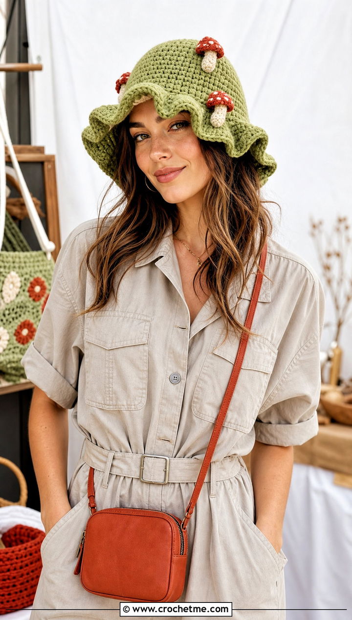 Mushroom Motif Ruffled Crochet Bucket Hat With Utility Jumpsuit - 25 ruffled crochet bucket hat outfit ideas