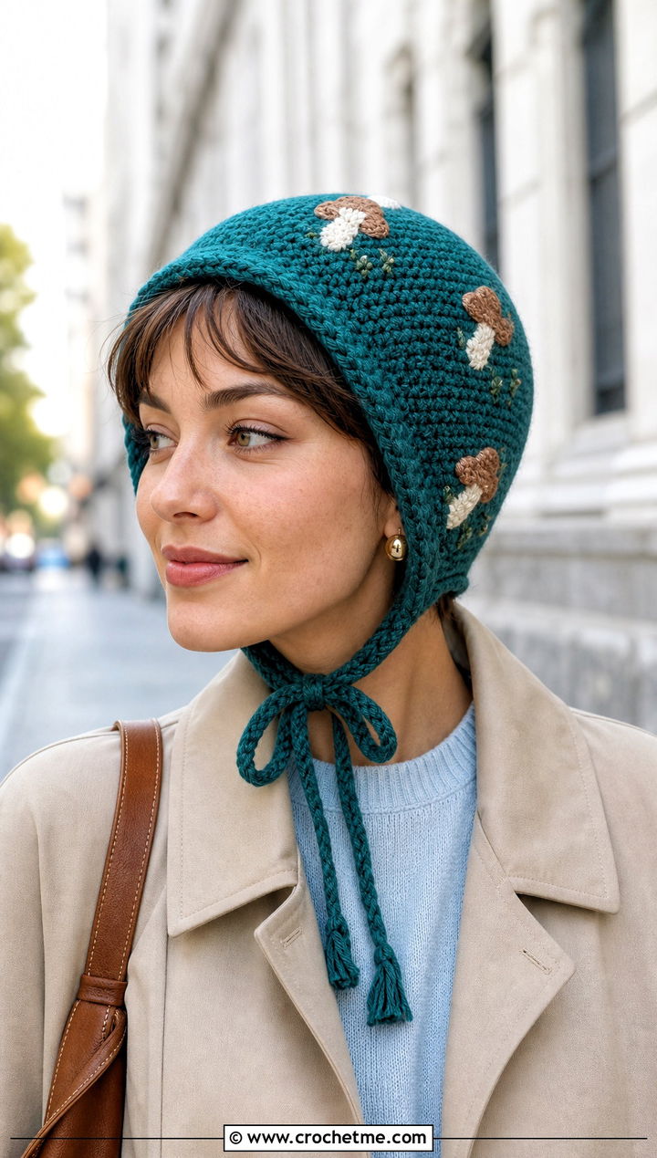 Mushroom Pixie Bonnet With Trench Coat And Loafers - 20 Crochet Fairy Hat outfit ideas