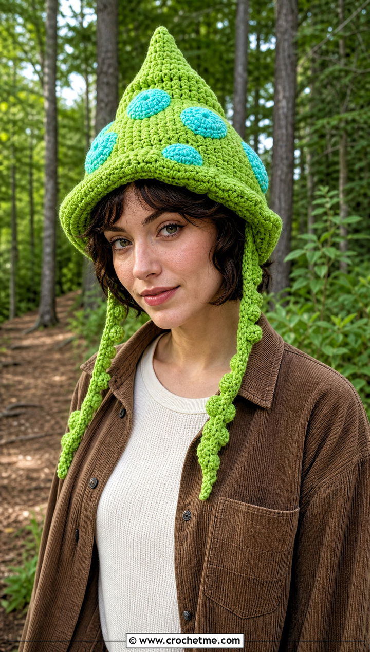 Mushroom Pixie Hood Crochet Hat With Corduroy Pants - 25 mushroom crochet hat outfit ideas