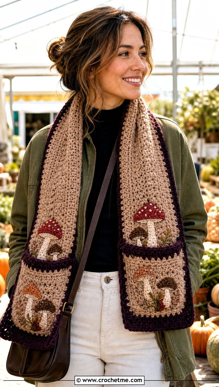 Mushroom Pocket Crochet Scarf With Utility Jacket - 15 neutral tone crochet scarf outfit ideas