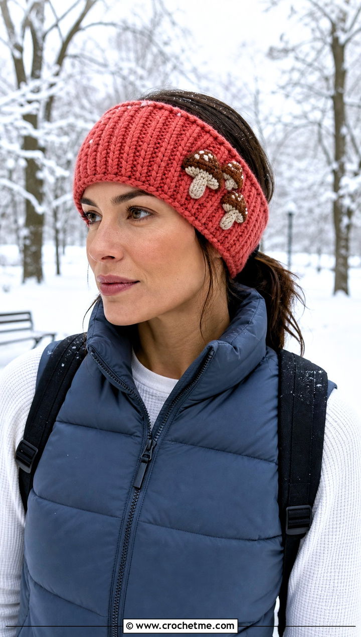 Mushroom Ribbed Ear Warmer Headband With Puffer Vest - 25 Crochet Mushroom Headband outfit ideas
