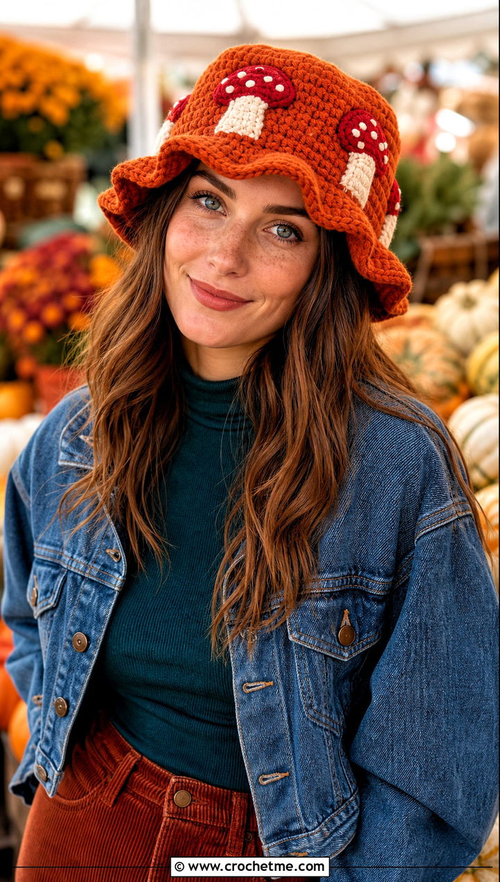 Mushroom Ruffle Crochet Bucket Hat With Corduroy Pants - 25 Crochet Bucket Hat With Ruffles outfit ideas