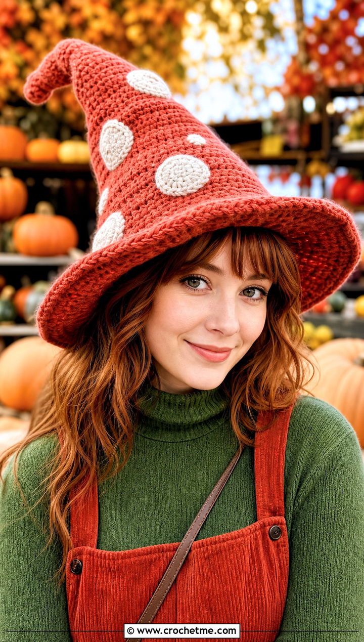 Mushroom Slouchy Crochet Witch Hat With Corduroy Dress - 30 slouchy crochet witch hat outfit ideas