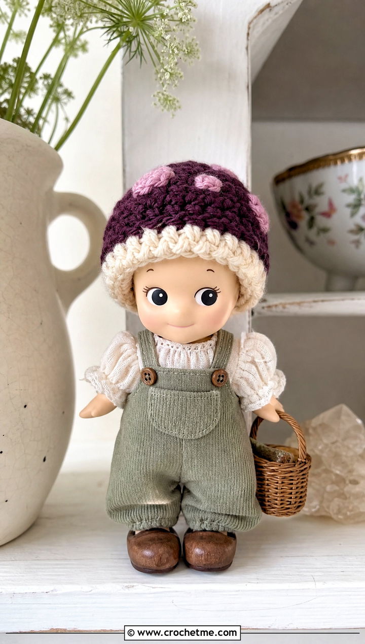 Mushroom Sonny Angel Crochet Hat With Cottage Overalls - 30 sonny angel crochet hat outfit ideas
