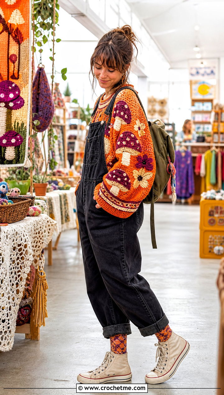 Mushroom Tapestry Crochet Jumper With Relaxed Overalls - 30 Tapestry Crochet Jumper outfit ideas