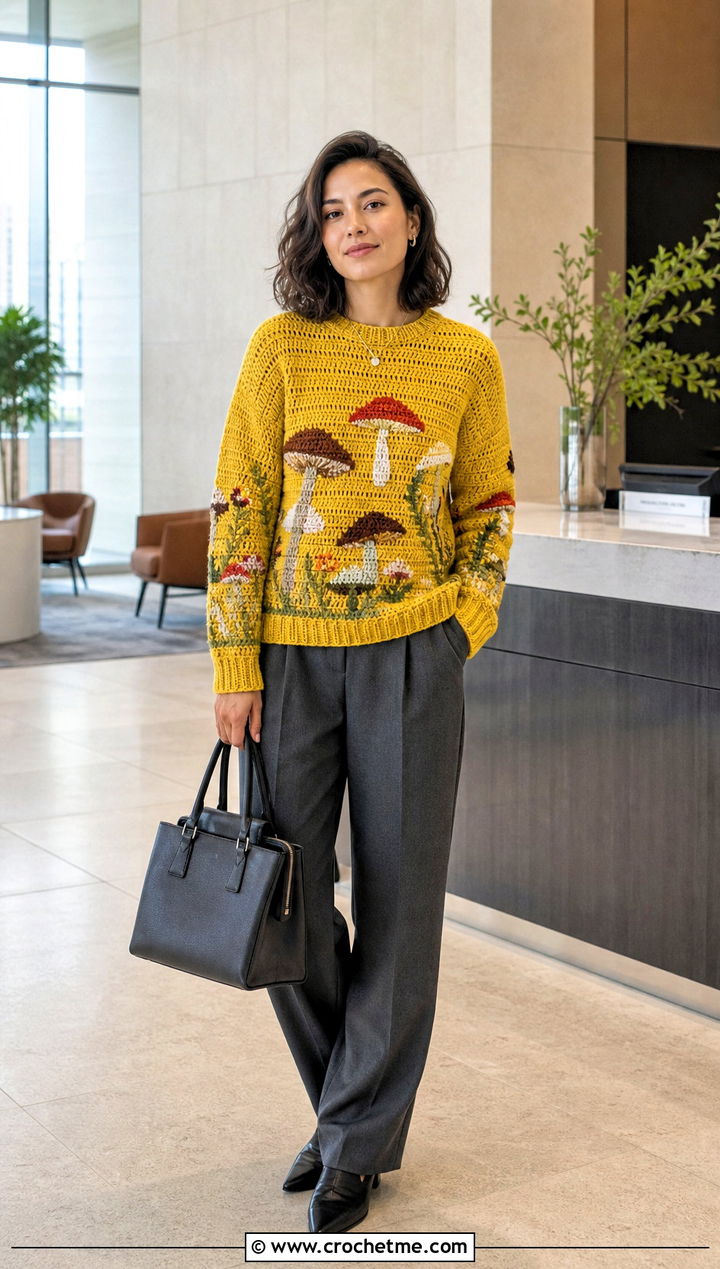 Mushroom Tapestry Crochet Sweater With Tailored Trousers - 25 mushroom crochet sweater outfit ideas
