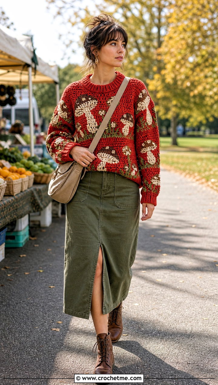 Mushroom Tapestry Crochet Sweater With Utility Midi Skirt - 30 tapestry crochet sweater outfit ideas