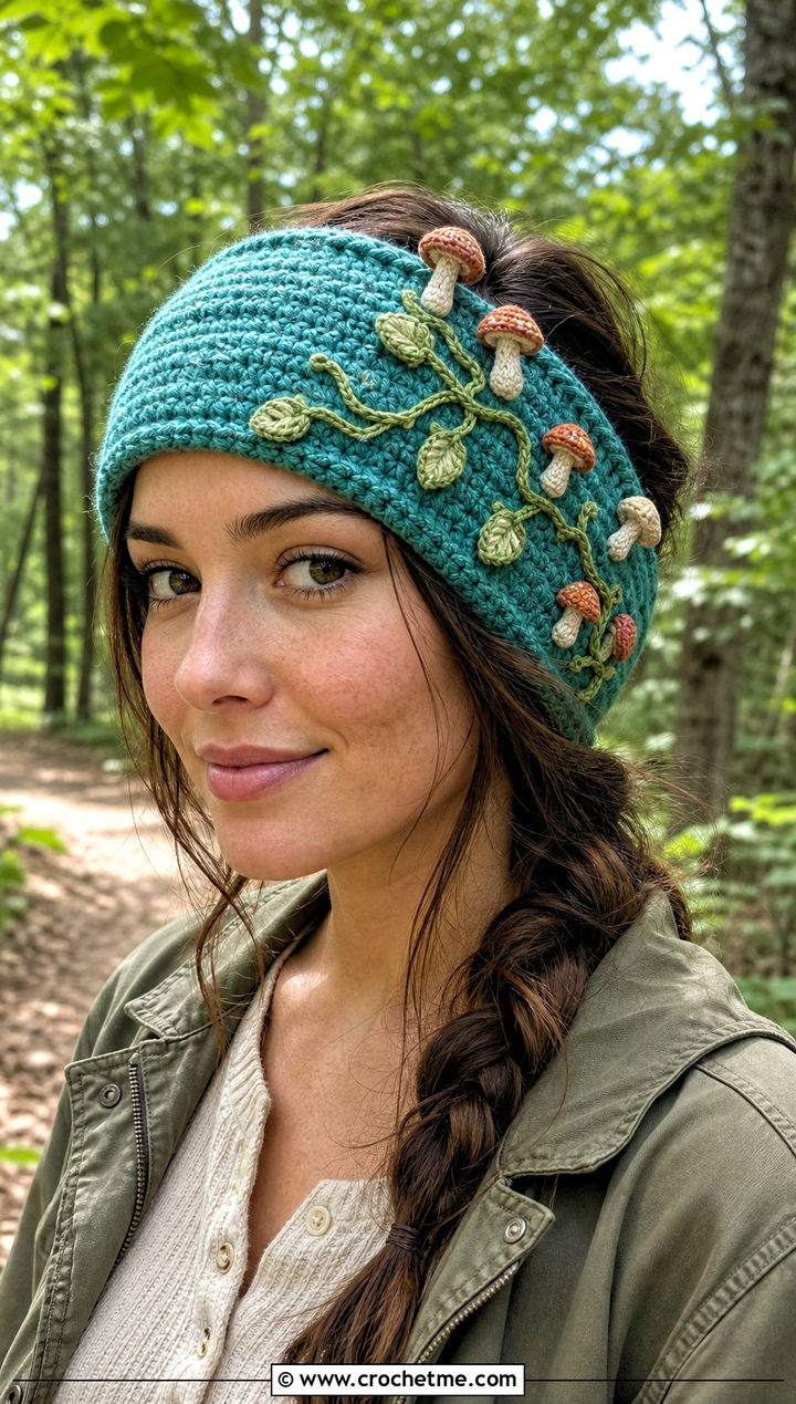 Mushroom Vine Crochet Headband With Utility Jacket - 25 Crochet Mushroom Headband outfit ideas