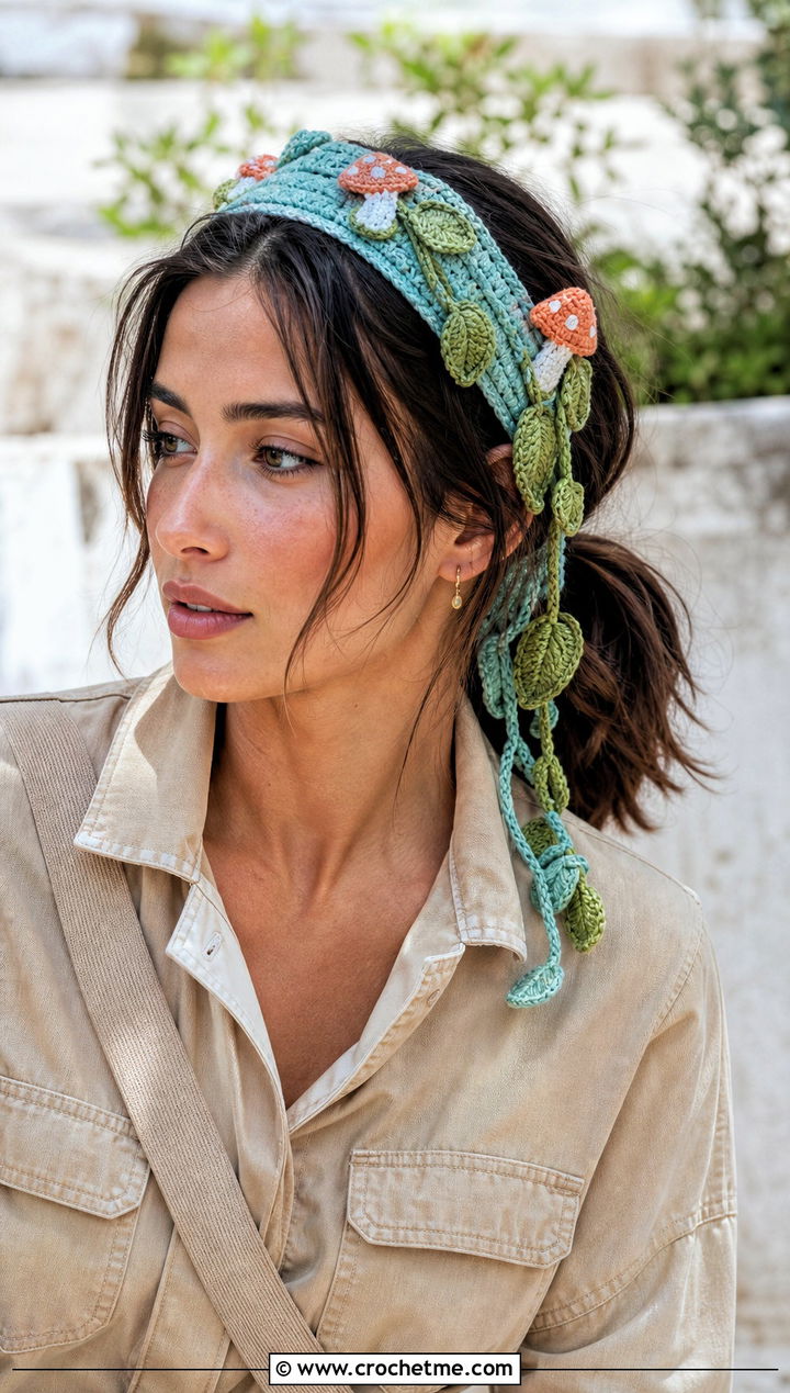 Mushroom Vine Tie Back Headband With Utility Jumpsuit - 25 mushroom crochet headband outfit ideas