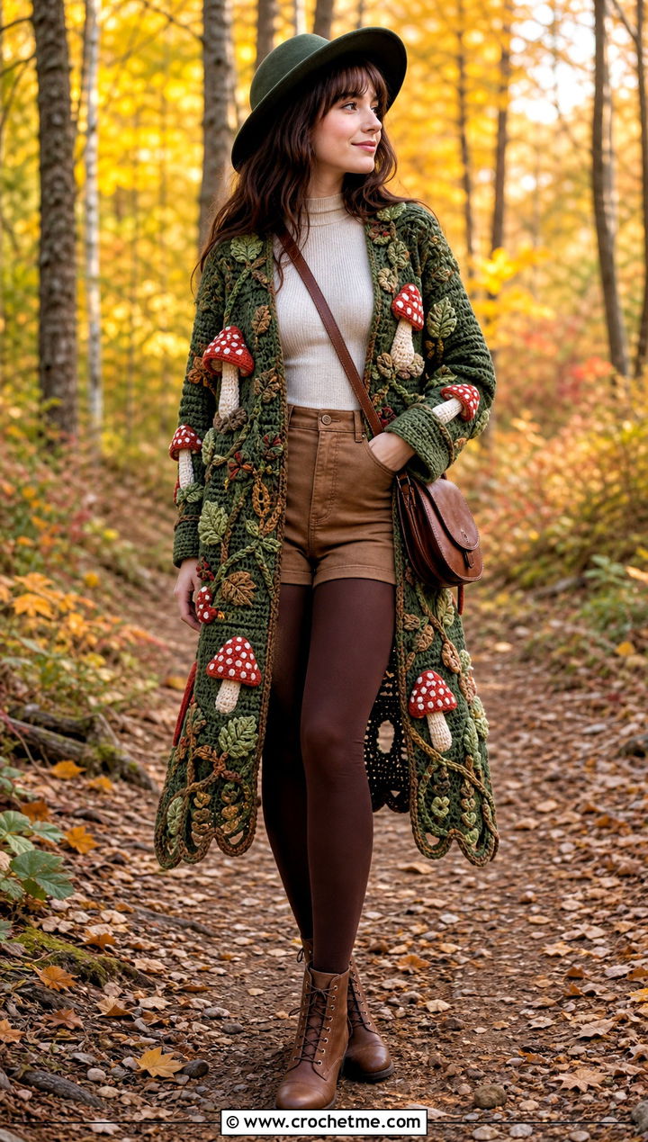 Mushroom Witch Crochet Cardigan With Suede Shorts - 35 halloween crochet clothes and outfit ideas