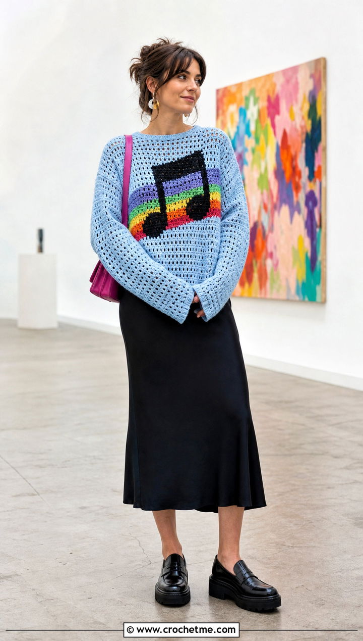 Music Note Crochet Mabel Pines Sweater Over Slip Dress - 15 Crochet Mable Pines Sweater outfit ideas