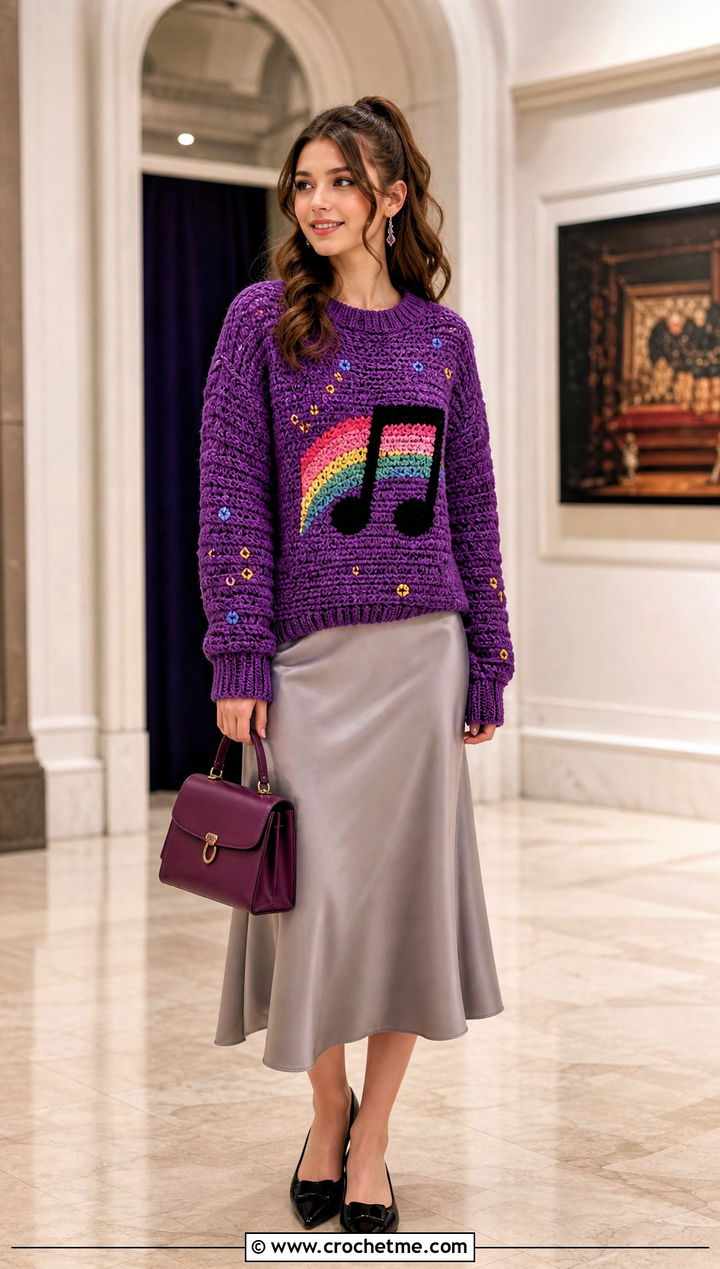 Music Note Crochet Mabel Pines Sweater With Satin Skirt - 30 crochet mabel pines sweater outfit ideas