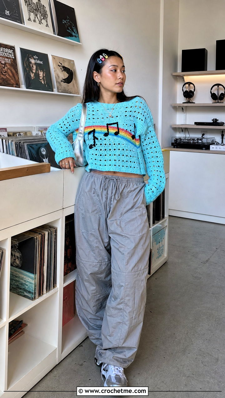 Music Note Crochet Mabel Sweater With Parachute Pants - 35 crochet mabel sweater outfit ideas