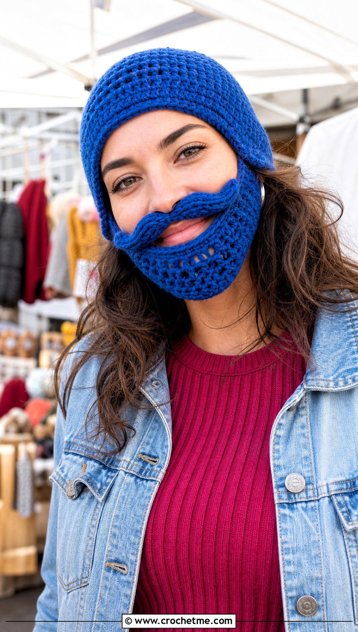 Mustache Beard Crochet Hat With Denim Jacket - 25 Beard Crochet Hat outfit ideas
