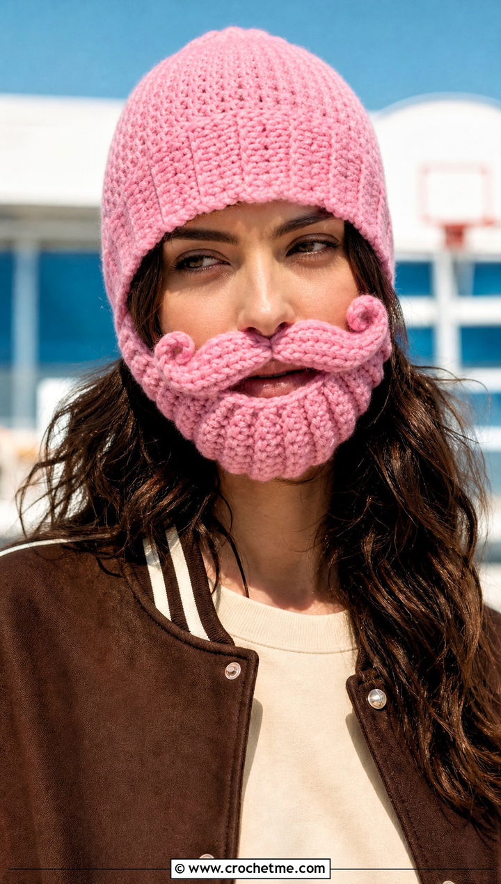 Mustache Crochet Beard Beanie With Varsity Jacket - 15 Crochet Hat With Beard outfit ideas