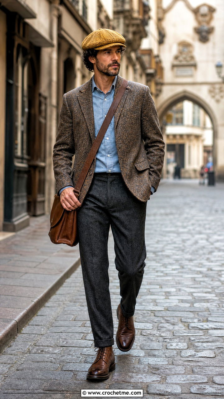 Mustard Crochet Newsboy Cap With Tweed Blazer - 35 mens crochet hats outfit ideas