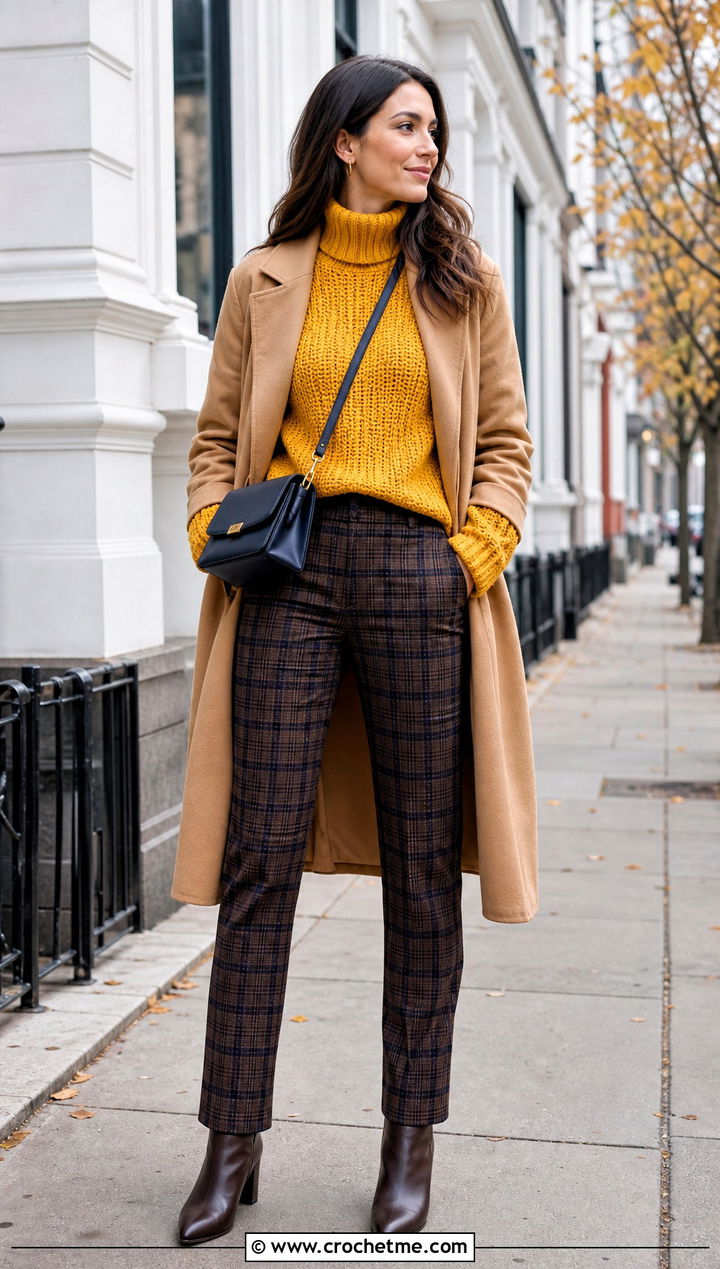 Mustard Yellow Crochet Turtleneck Sweater With Plaid Pants - 30 Crochet Yellow Sweater outfit ideas