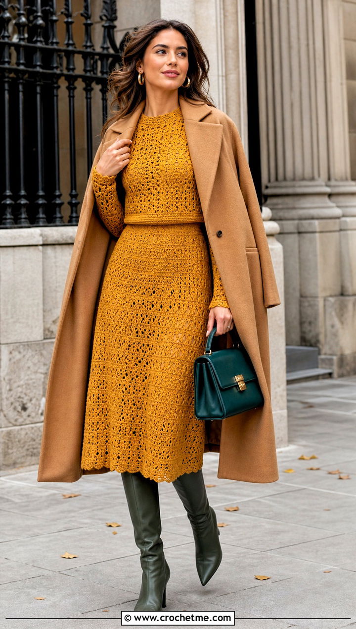 Mustard Yellow Long Sleeve Crochet Top And Midi Skirt With Boots - 15 yellow crochet top and skirt set outfit ideas