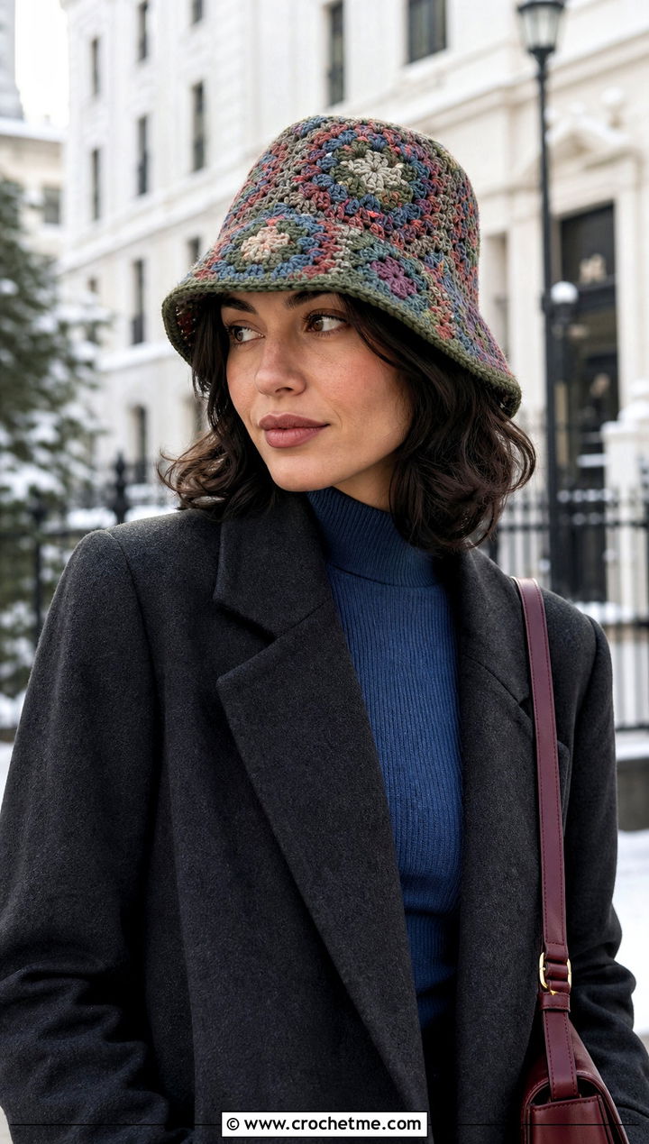 Muted Granny Square Crochet Bucket Hat With Long Wool Coat - 35 granny square crochet bucket hat outfit ideas